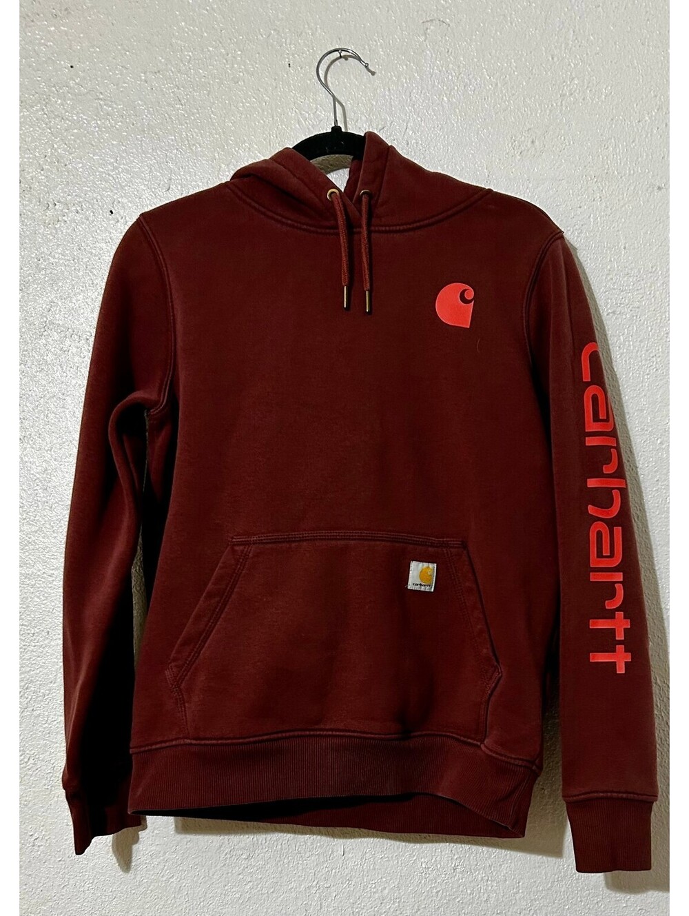 Carhartt Relaxed Fit Logo Sleeve Hoodie Burgundy Maroon Coral C Logo Pullover S